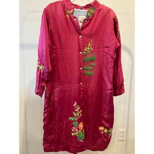 Embroidered Satin Jacket Coat by Global Warming Pink Floral Boho